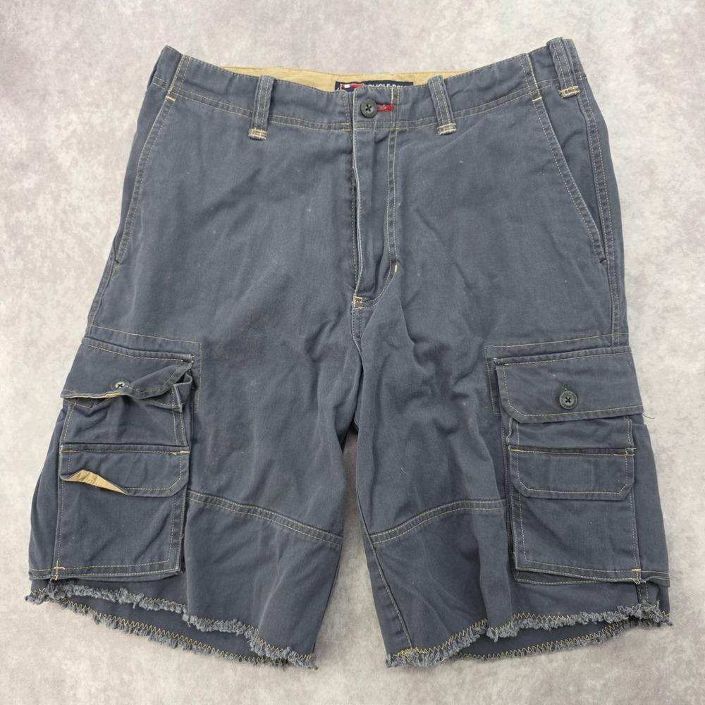 Vintage Bugle Boy Jean Company Mens 34 Midnight Grey Cargo Shorts Frayed Hem